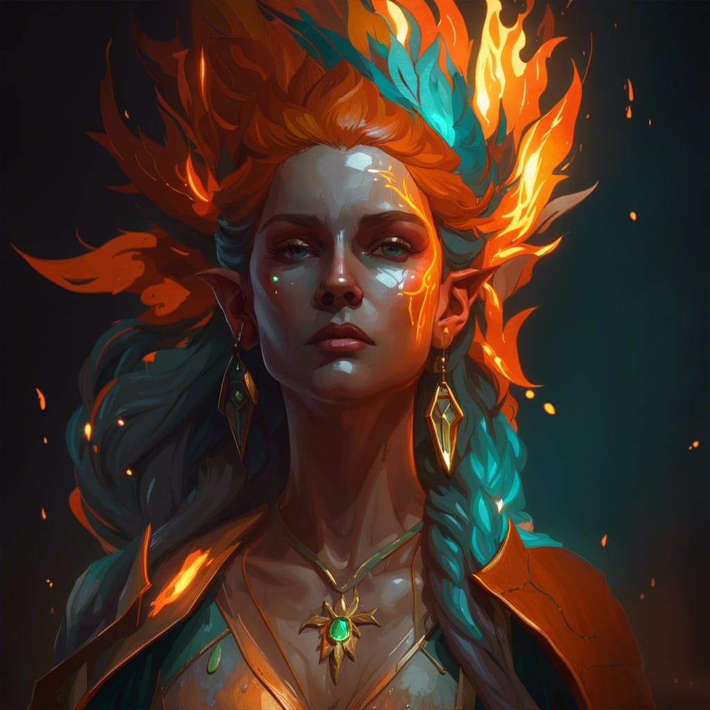 Detailed Fire Elf Concept Art in Orange and Teal