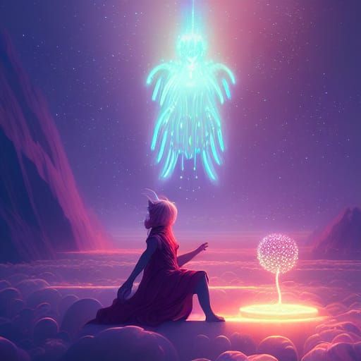 Luminous God Surrounded by Floating Crystals