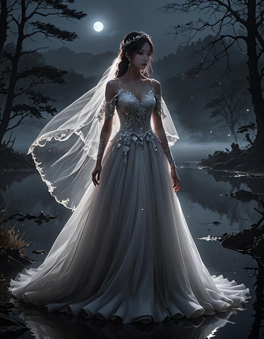 Eerie Night: Glowing Wedding Dress in 3D Anime Art