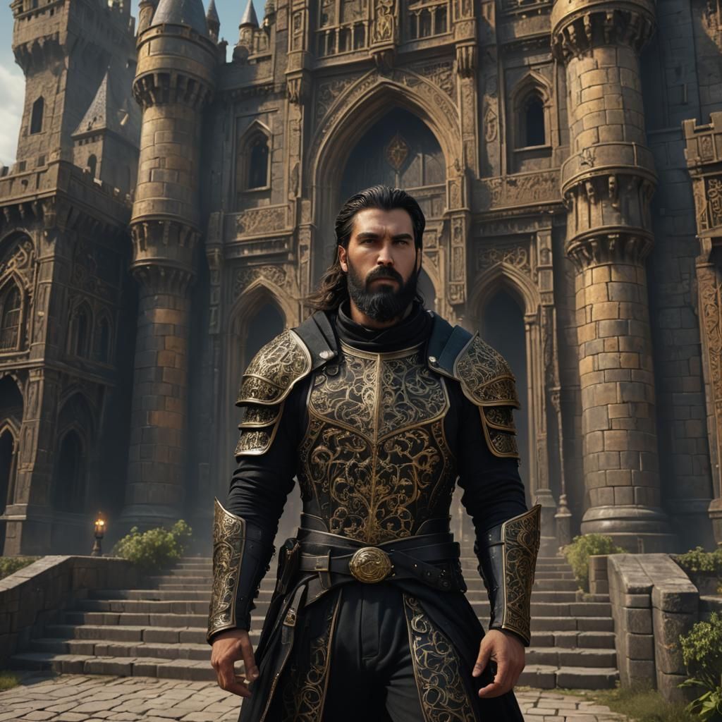 Giant Black Knight in Front of Dark Castle