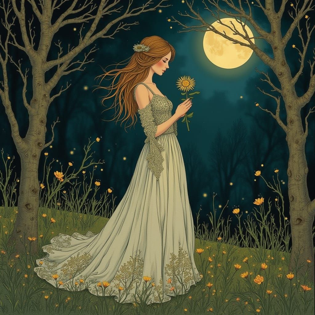 Woman in Dreamy Moonlit Forest with Blooming Wildflower