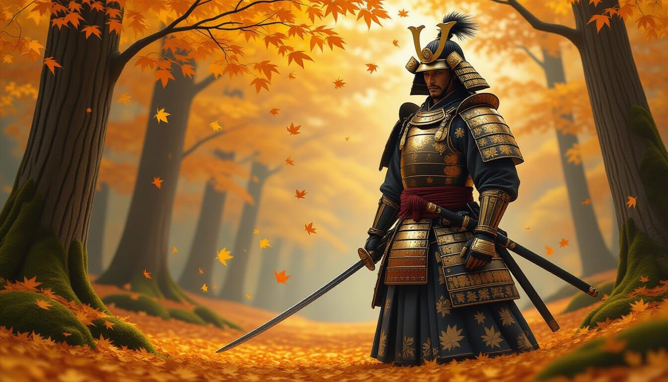 Samurai's Autumn Vigil in Magical Realism Style