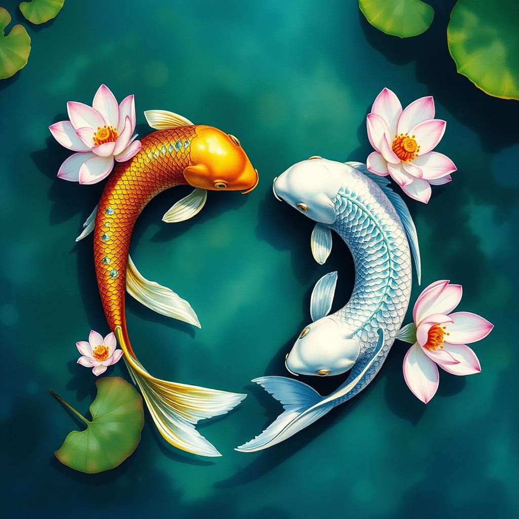 Yin Yang Koi Fish in Watercolor Style