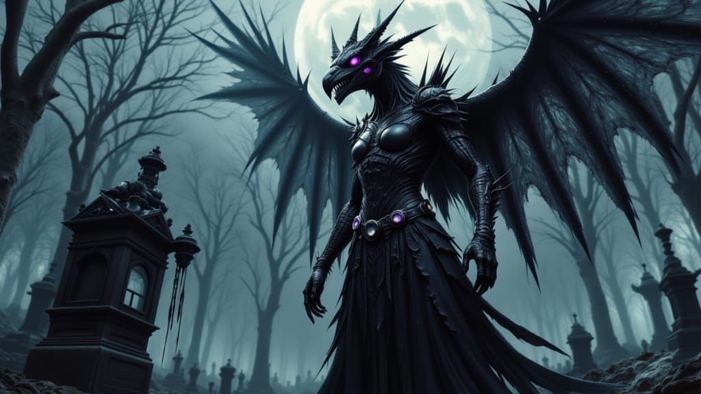 Cybernetic Zombie Dragon-Raven in Dark Gothic Graveyard at N...