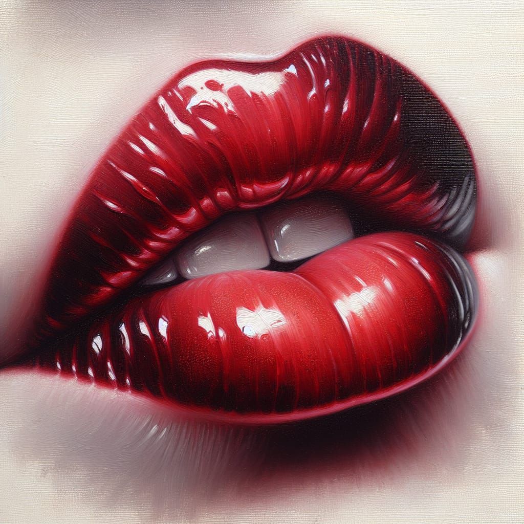 Red Lips Kiss in Oil Painting