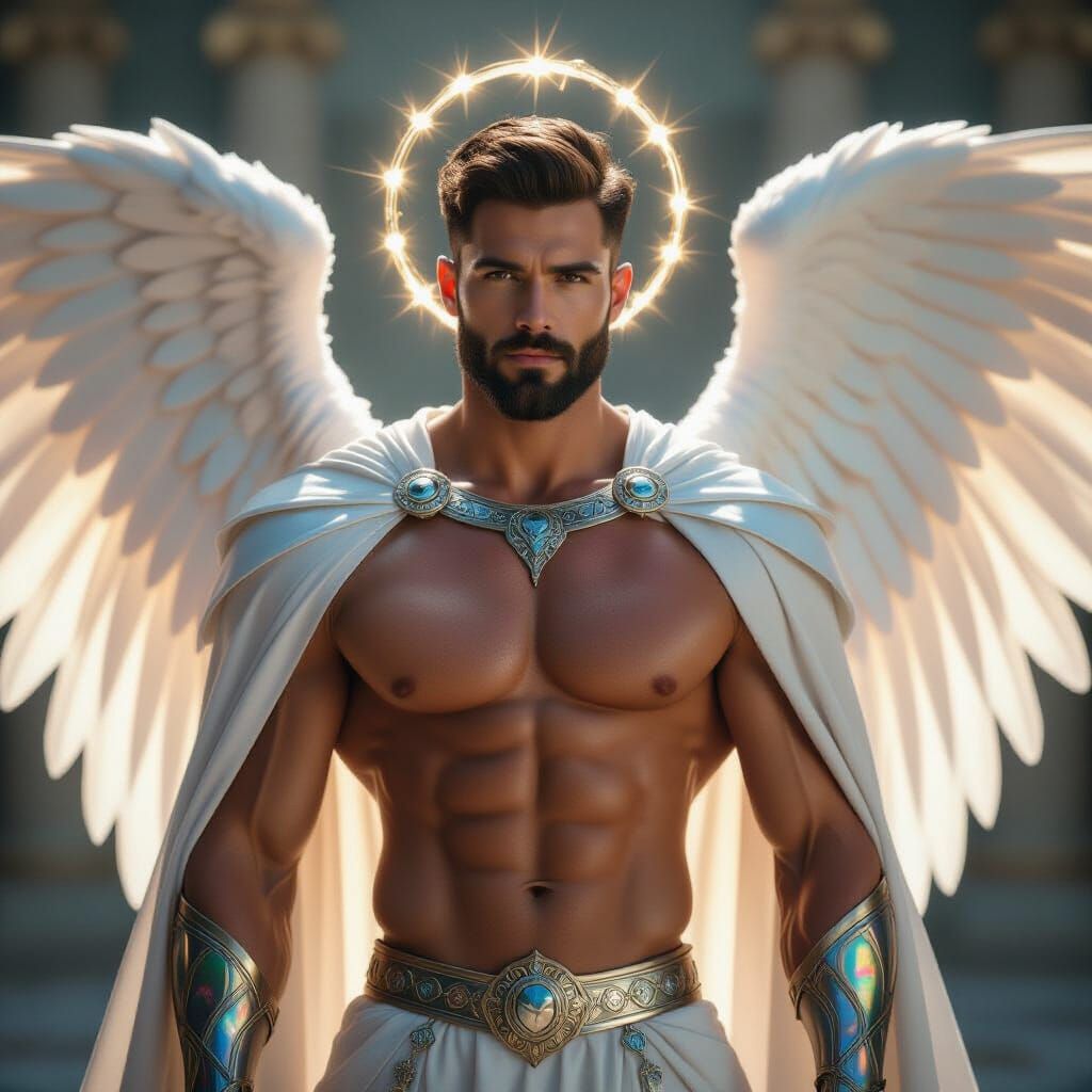 Majestic Muscular Angel Portrait with Rainbow Wings