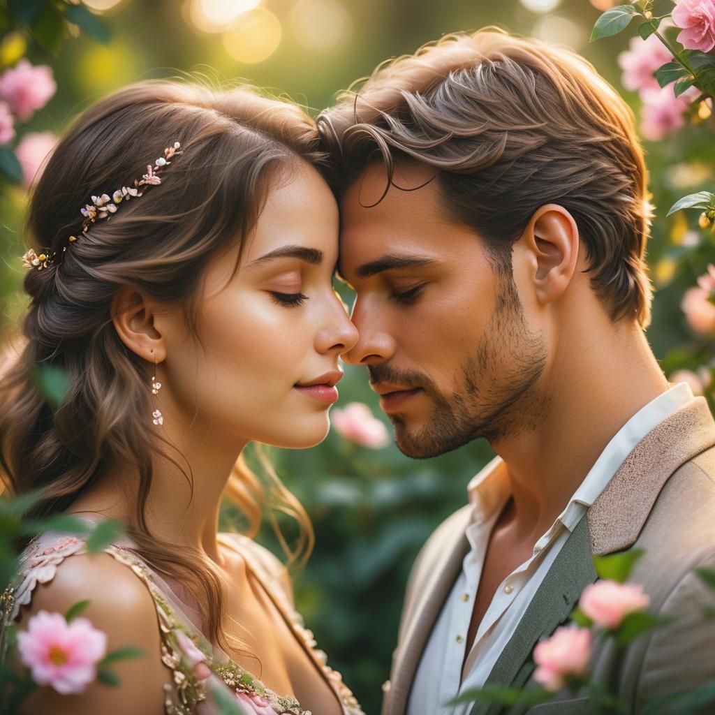 Romantic Garden Portrait of Embracing Couple