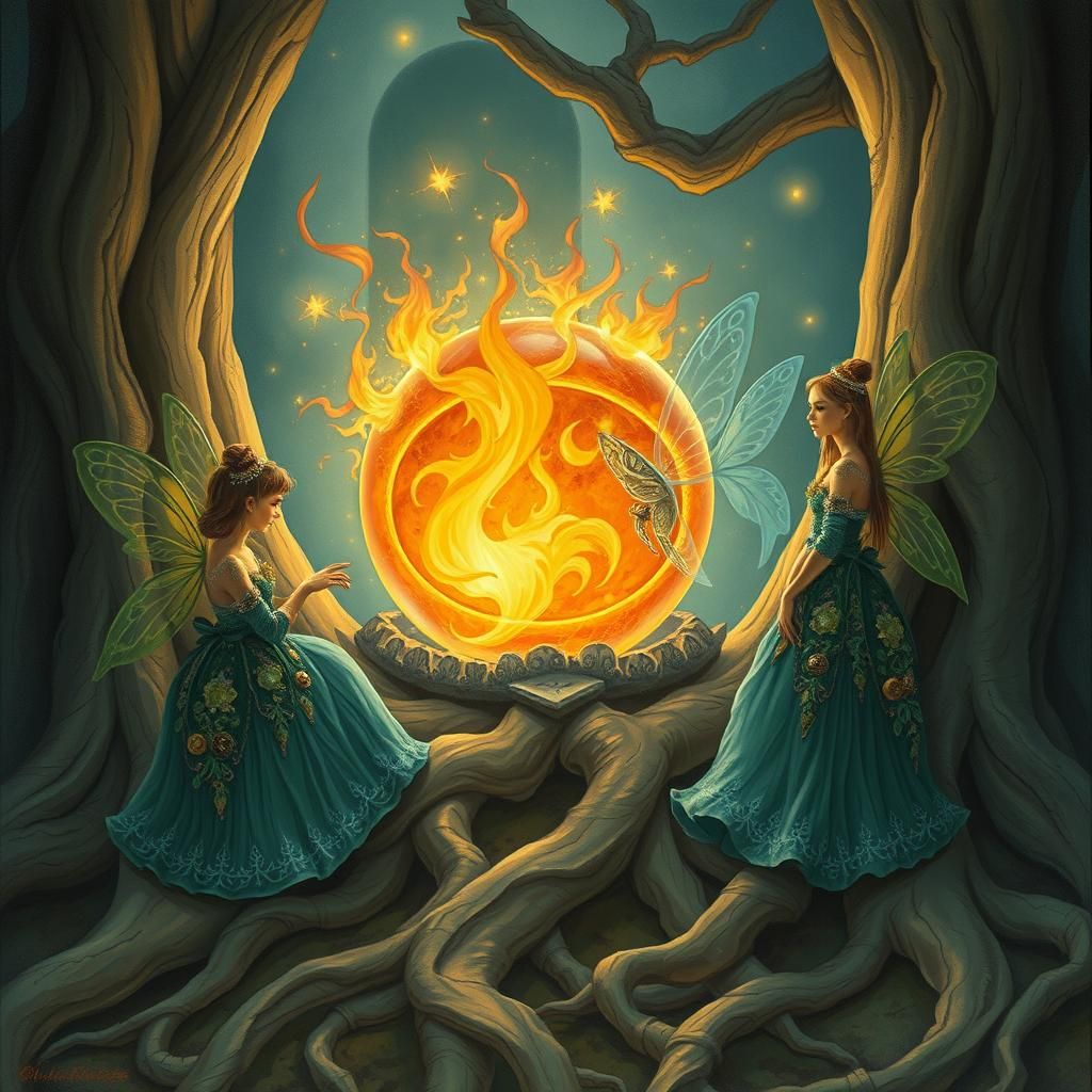 Fairies Encircling Fire Globe with Gowns of Safety Pins