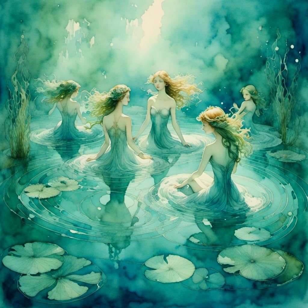 Ethereal Water Nymphs in Vintage Watercolor Style