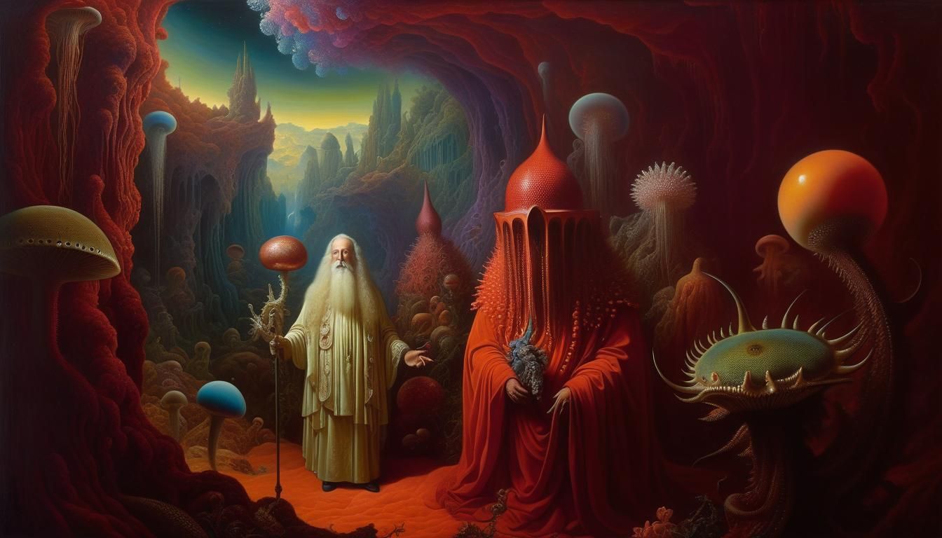 Surreal Dreamscape with Strange Inhabitants, Oil on Canvas