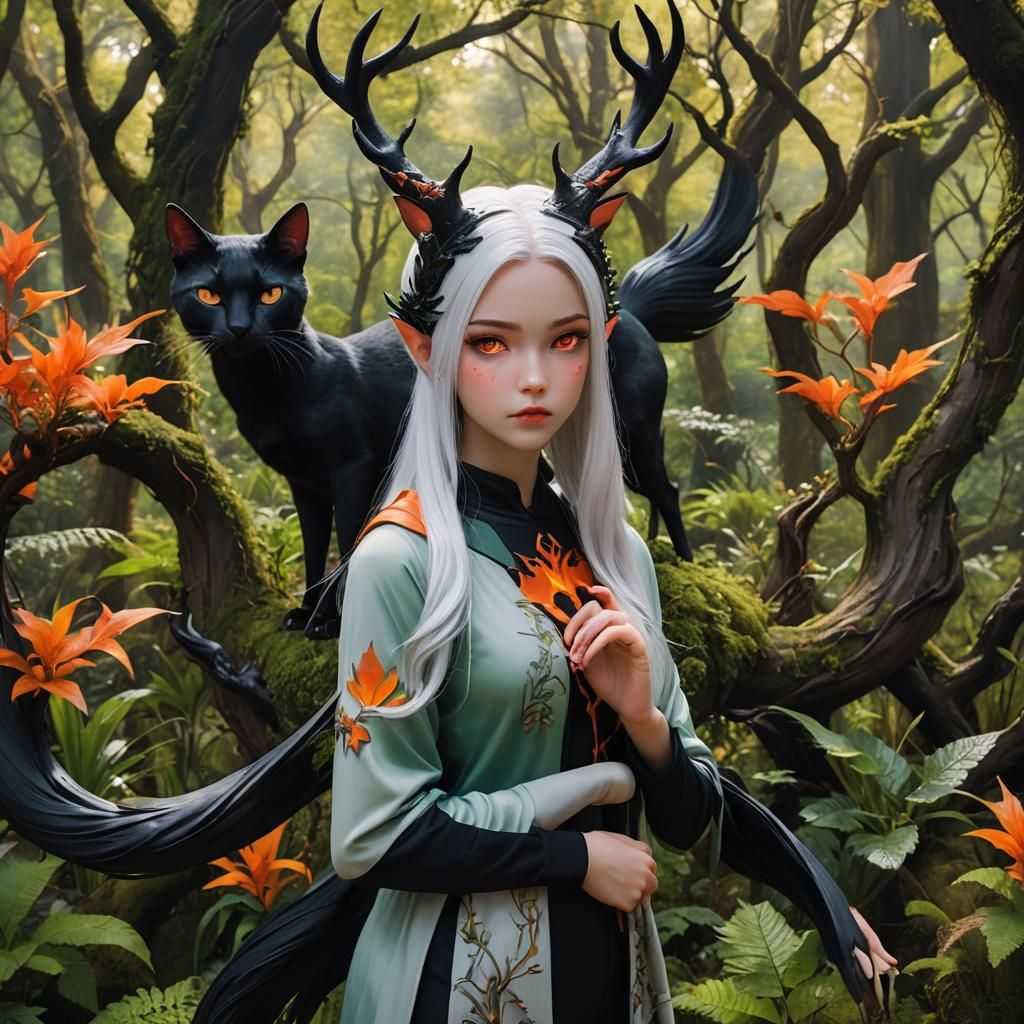 Ethereal Girl with Phoenix Statue in Anime Style