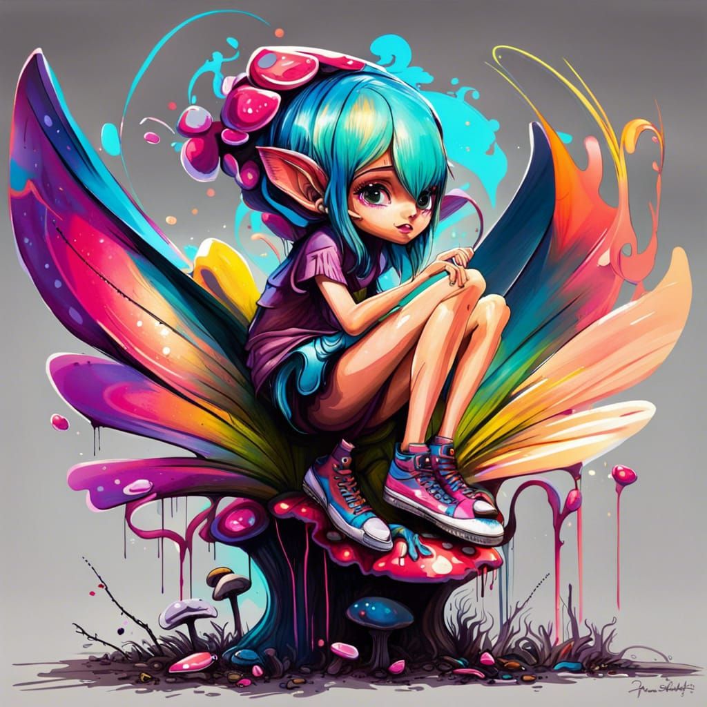 Whimsical Pixie on Mushroom in Graffiti Art Style