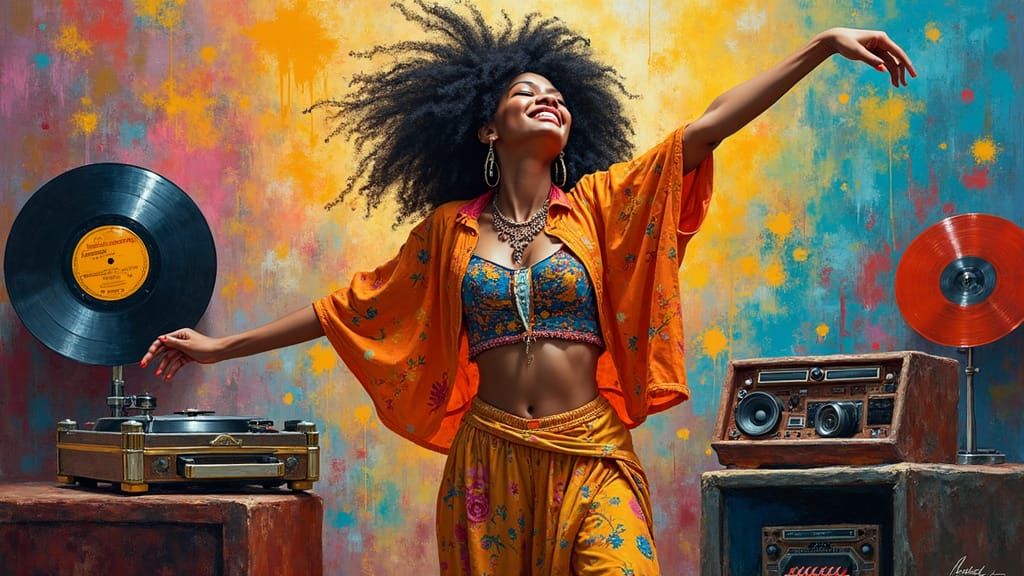 Joyful Woman Dancing with Records in Visionary Art Style