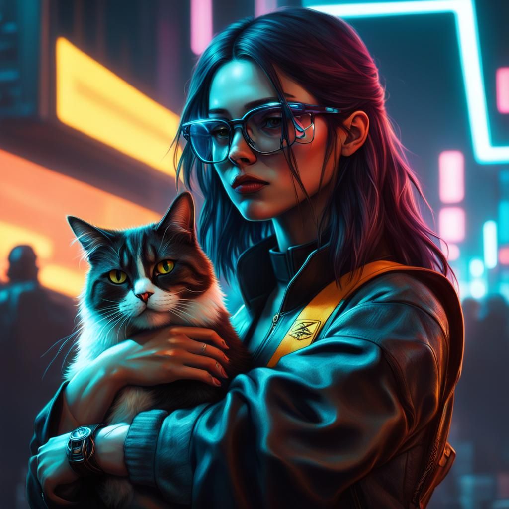 Auburn Girl with Calico Cat in Cyberpunk Style