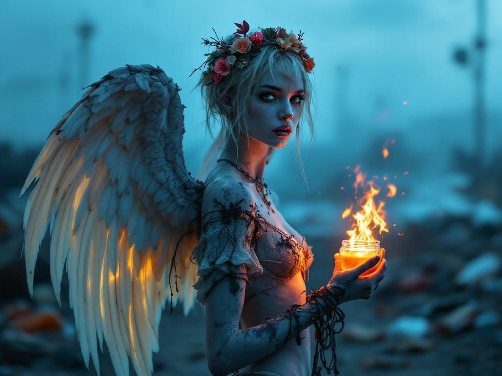 Ethereal Wargirl Illuminated in Post-Apocalyptic Wasteland