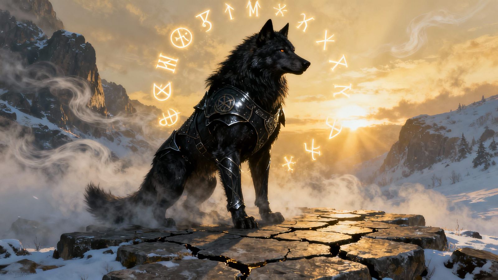 Therianthropic Wolf Rises from Cracked Stone at Dawn