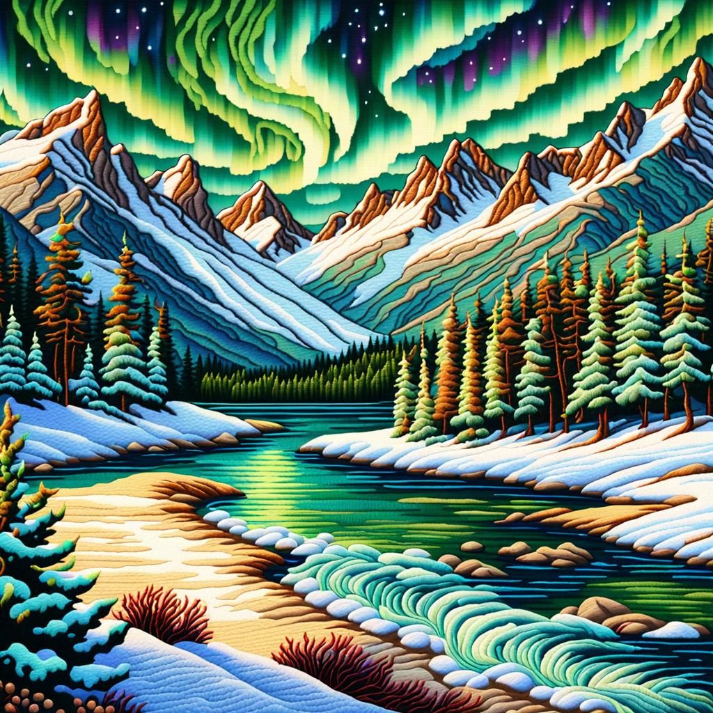 Embroidered Winter River with Northern Lights