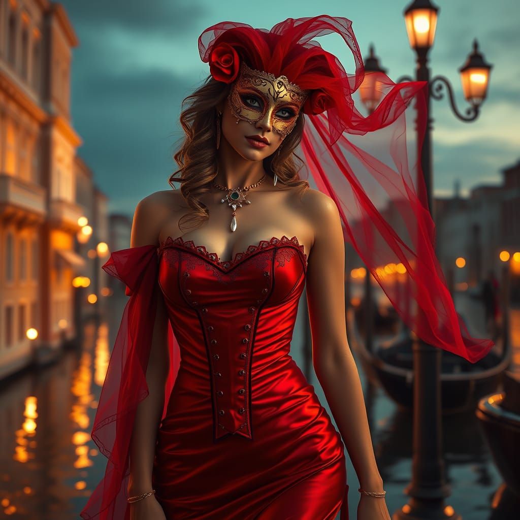 Elegant Woman in Red Corset at Venice Carnival