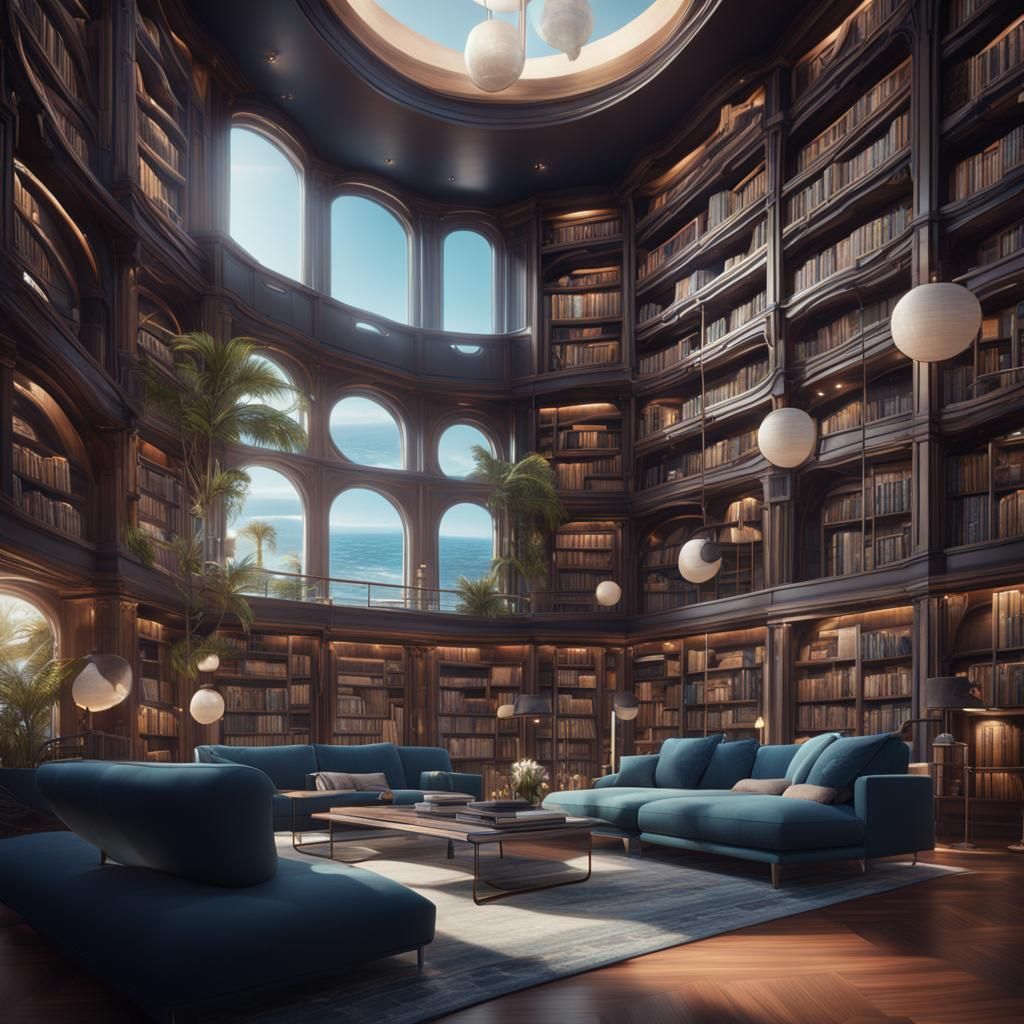 Seashore Ultramodern House Library: Detailed Matte Painting