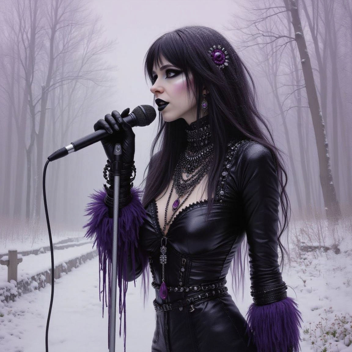 Goth Rockstar Woman Singing in Snowy Grunge Setting