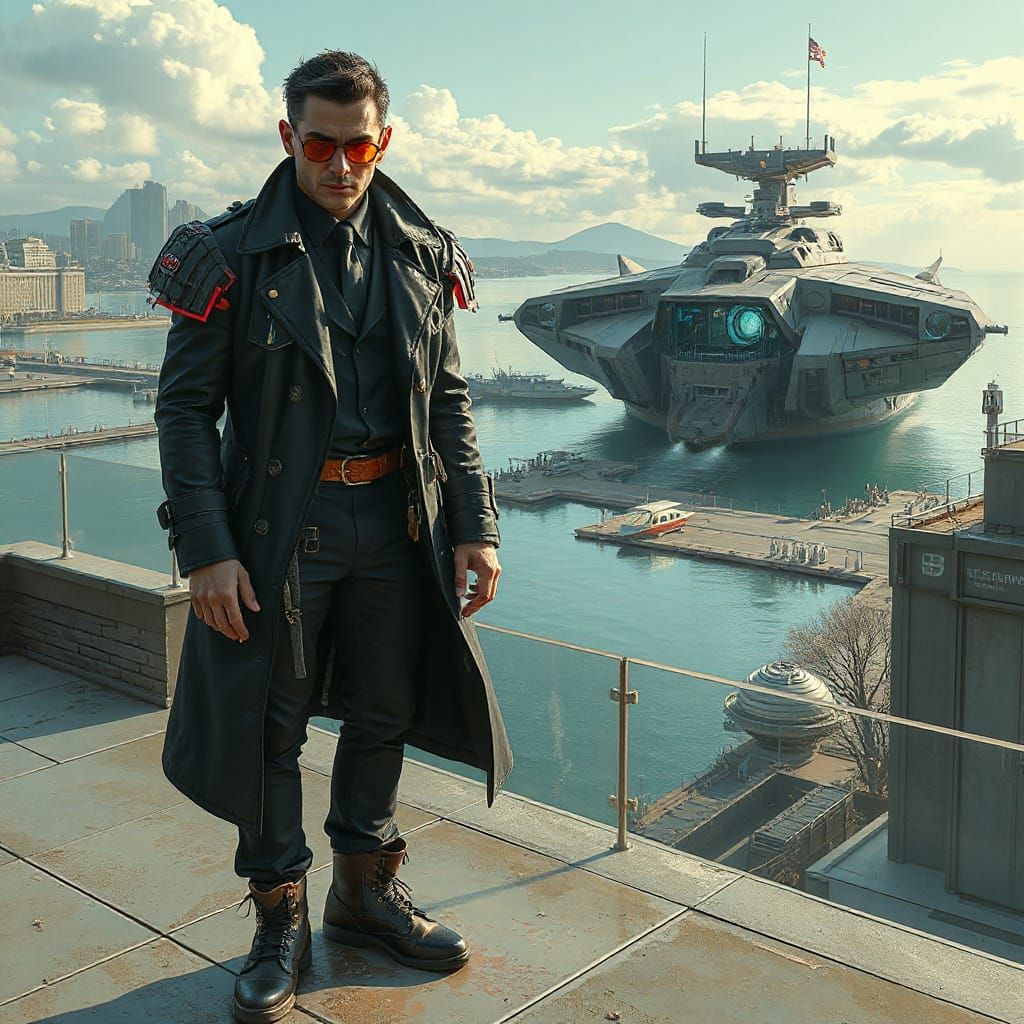 Cyberpunk Villain Overlooking Futuristic Pirate Ship