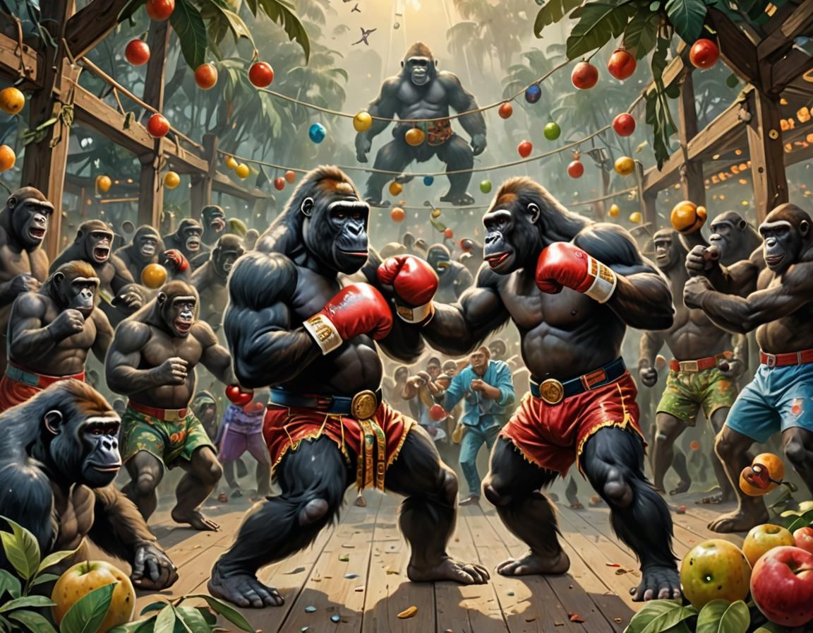 Gorilla Boxing Match in Jungle, Digital Art Style