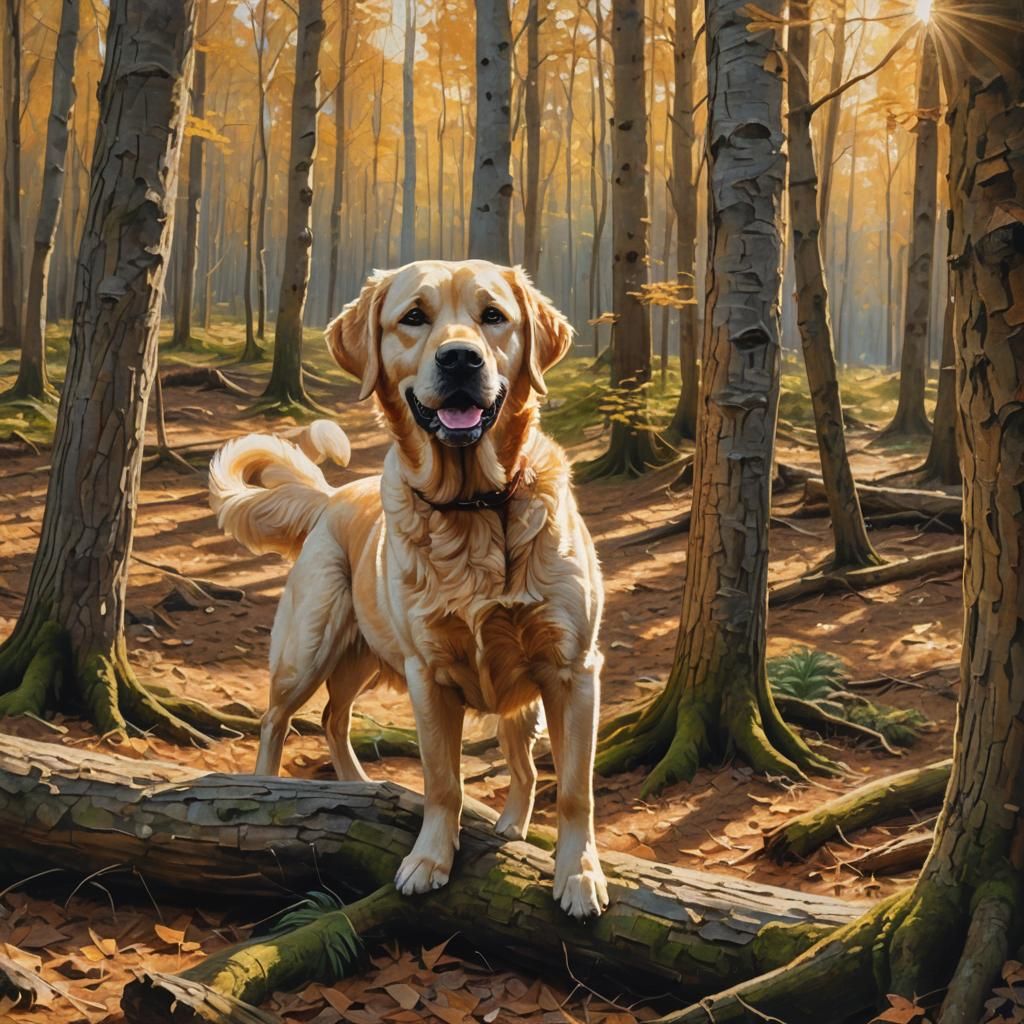 Golden Labrador in Forest: Vibrant Oil Painting