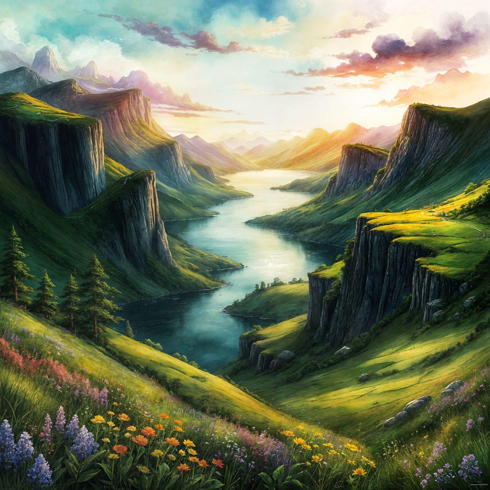 Magical Valley of Wildflowers at Sunset