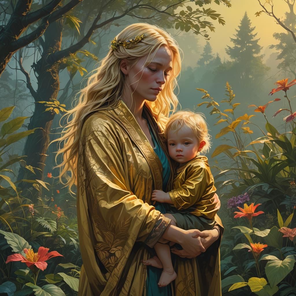 Golden Mother and Child in Lush Landscape