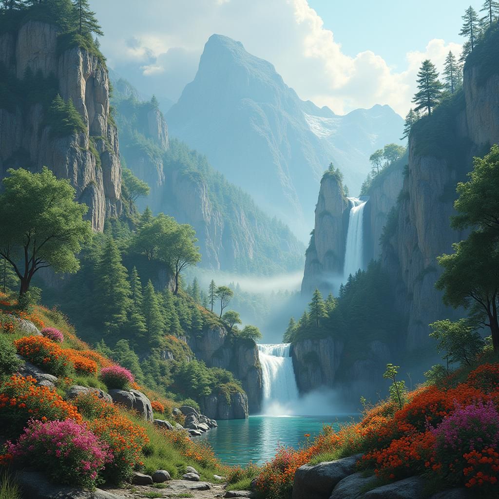 Majestic Mountainous Landscape with Lush Flowers