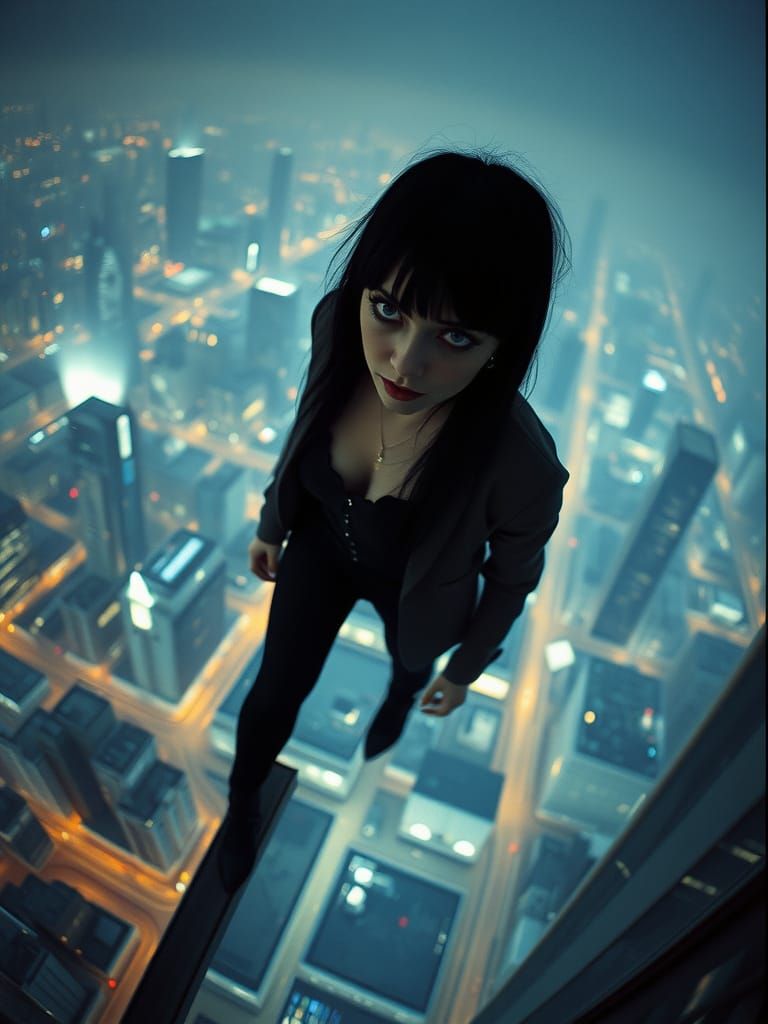 Gothic Woman on Skyscraper Edge in Film Still