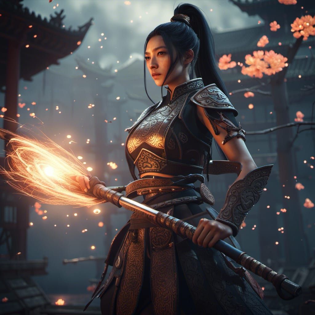 Chinese Warrior with Staff in Moonlight, 3D Render