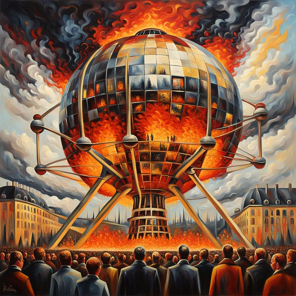 Atomium in Flames: Surreal Expressionist Cityscape