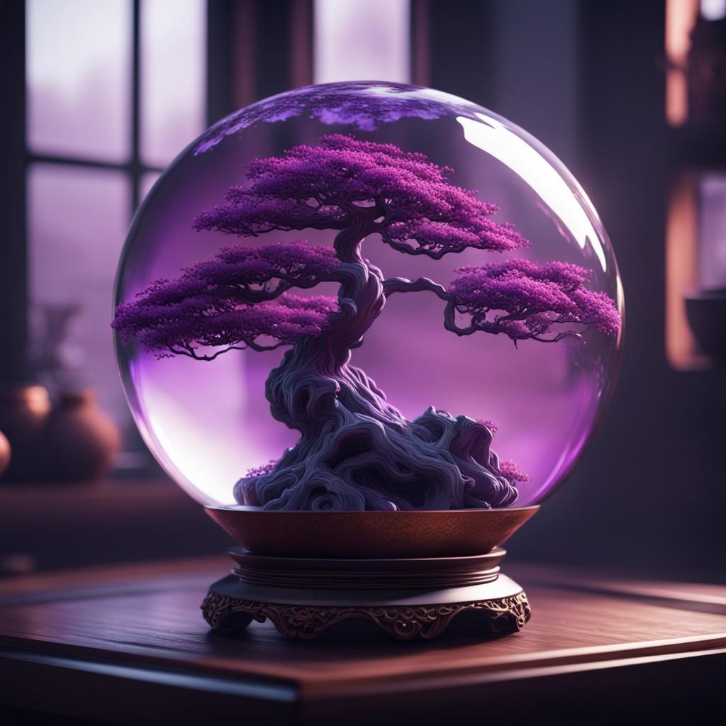 Purple Bonsai Tree in Glass Sphere: Digital Art