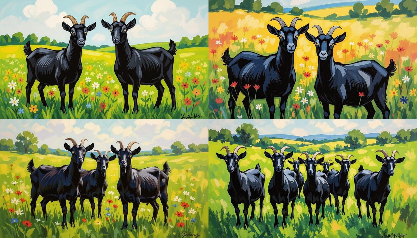 Black Goats in Gouache Watercolor Impressionist Style