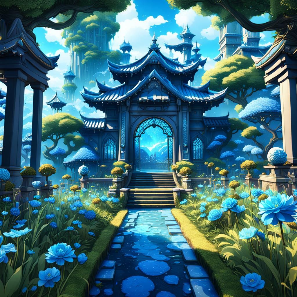 Fantastical Blue Garden in Anime Style
