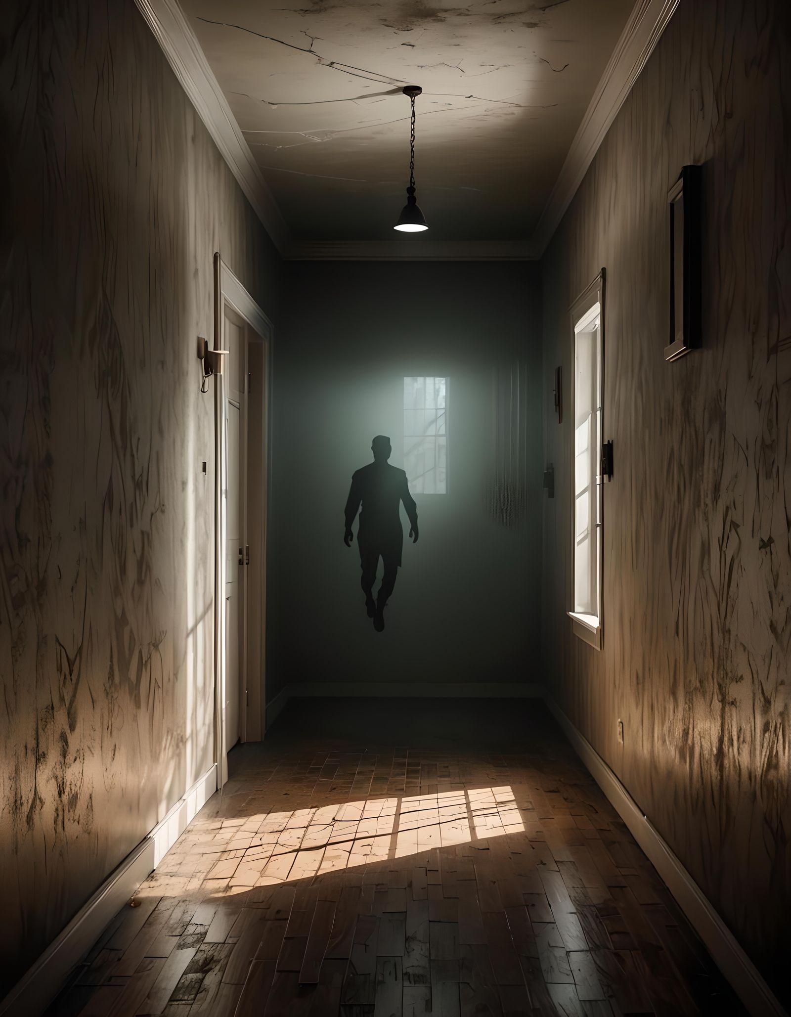 Eerie Translucent Shadow in Moody Lit Corridor