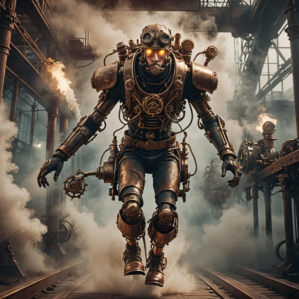 a atlete with mecanical legs win the race steampunk engine