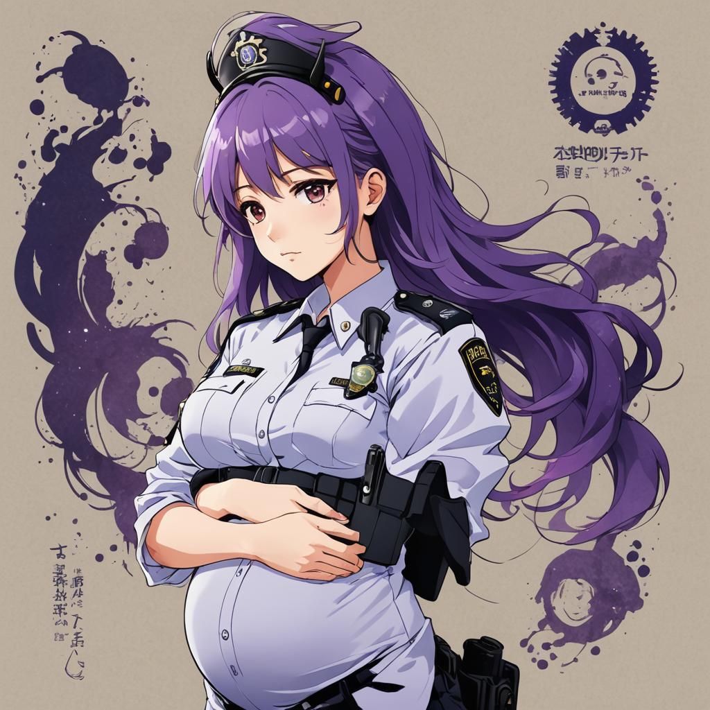 Pregnant Anime Police Officer with Purple Hair