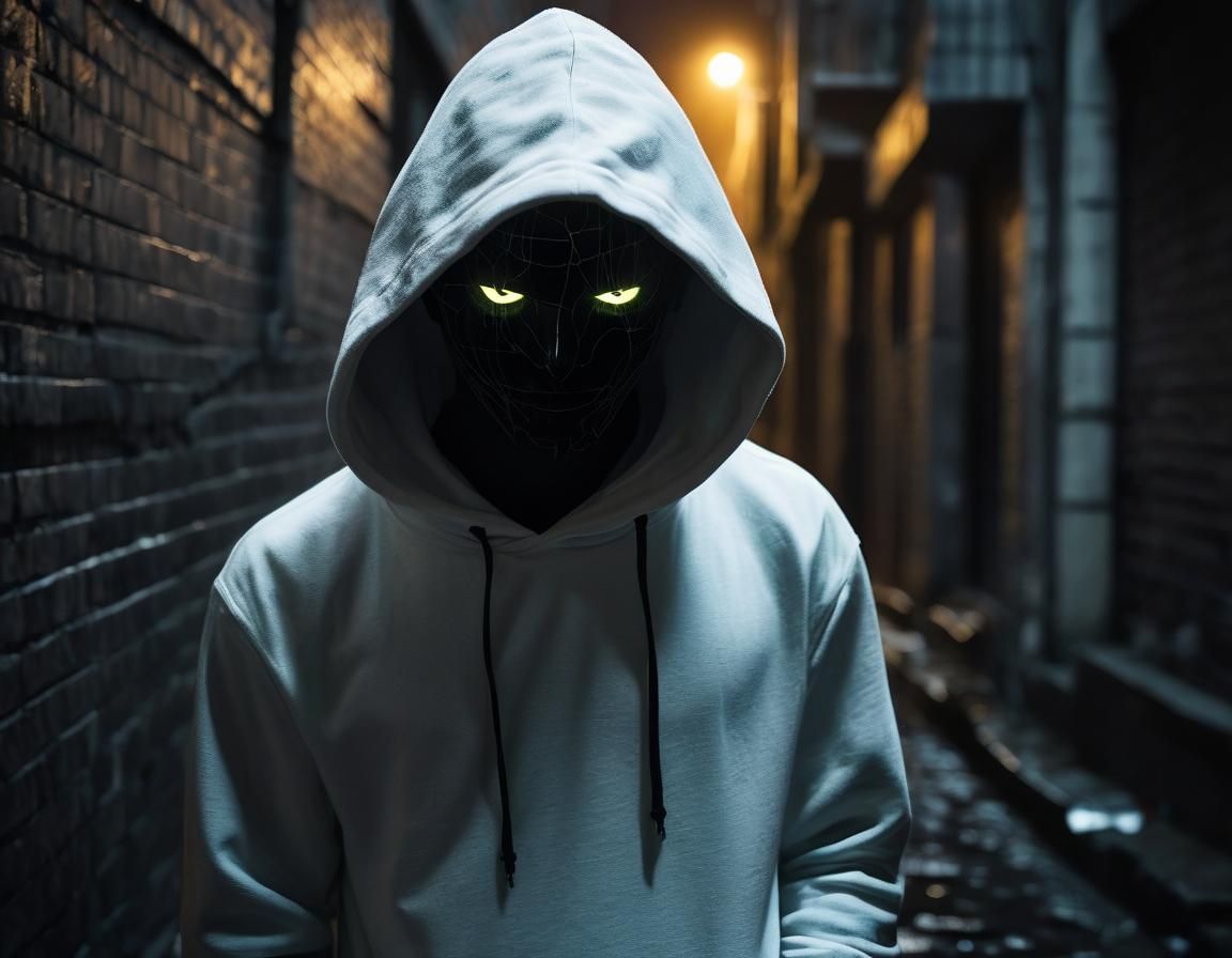 Eerie Hoodie in Dark Alleyway, Biomechanical Style