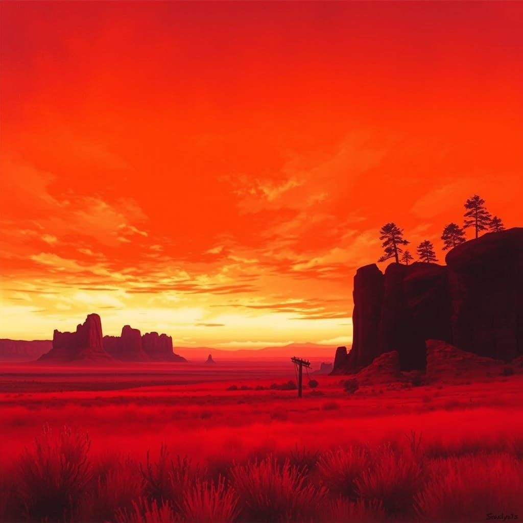 Dystopian Landscape with Fiery Sky in Color Field Style