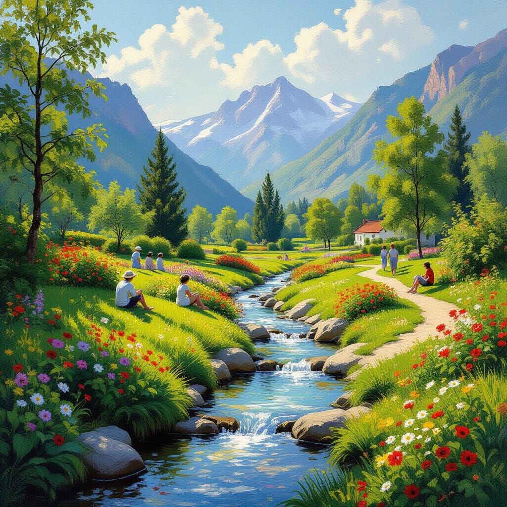 Serene Garden with Mountain Stream in Impressionist Style