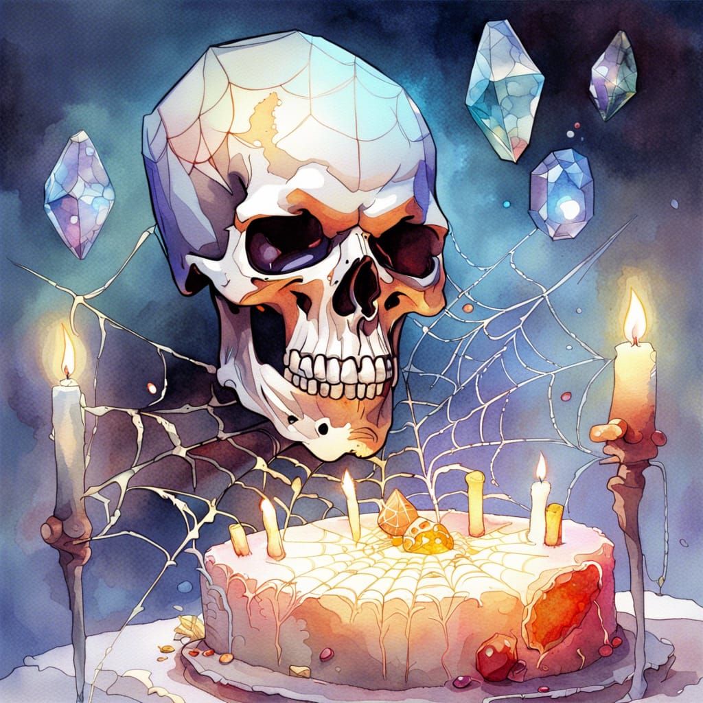 Fantasy Cake Bones Watercolor Painting in Monge Style