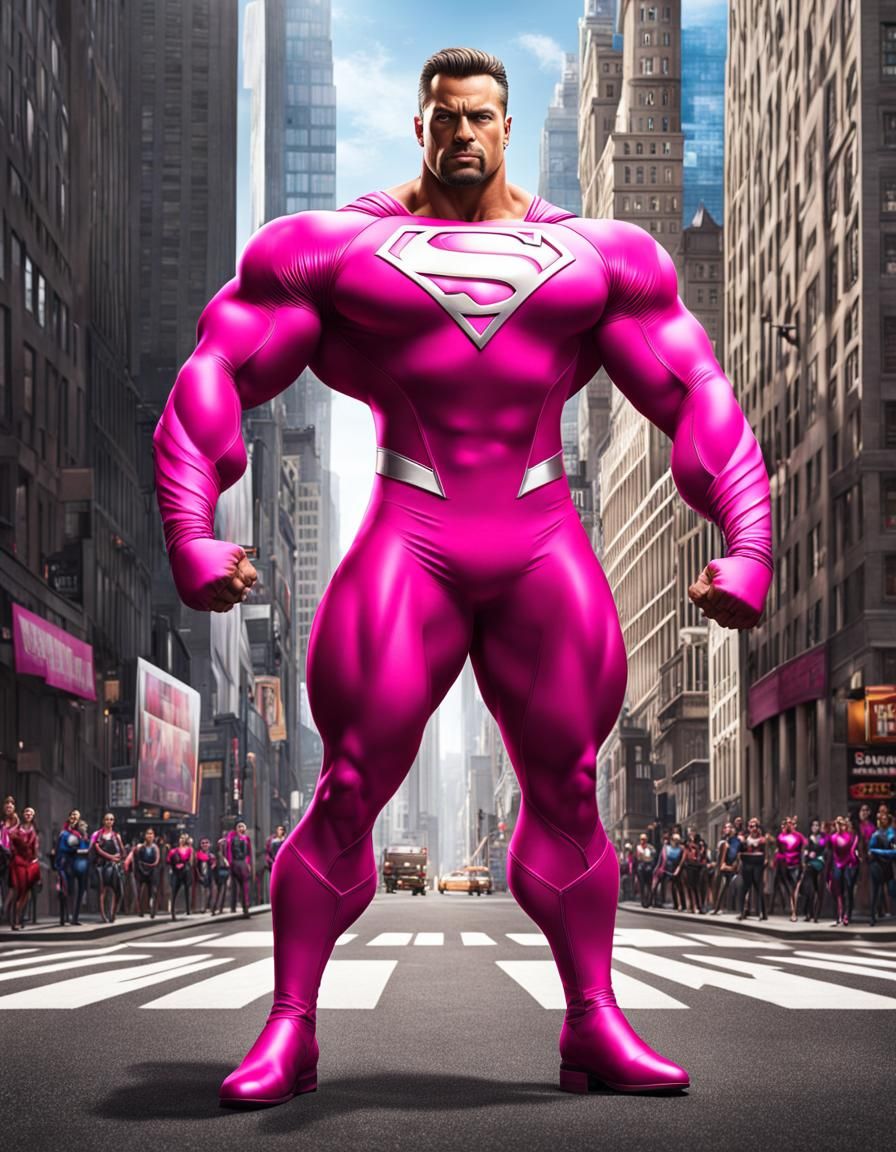 Superhero Bodybuilder in Pink Lycra Suit