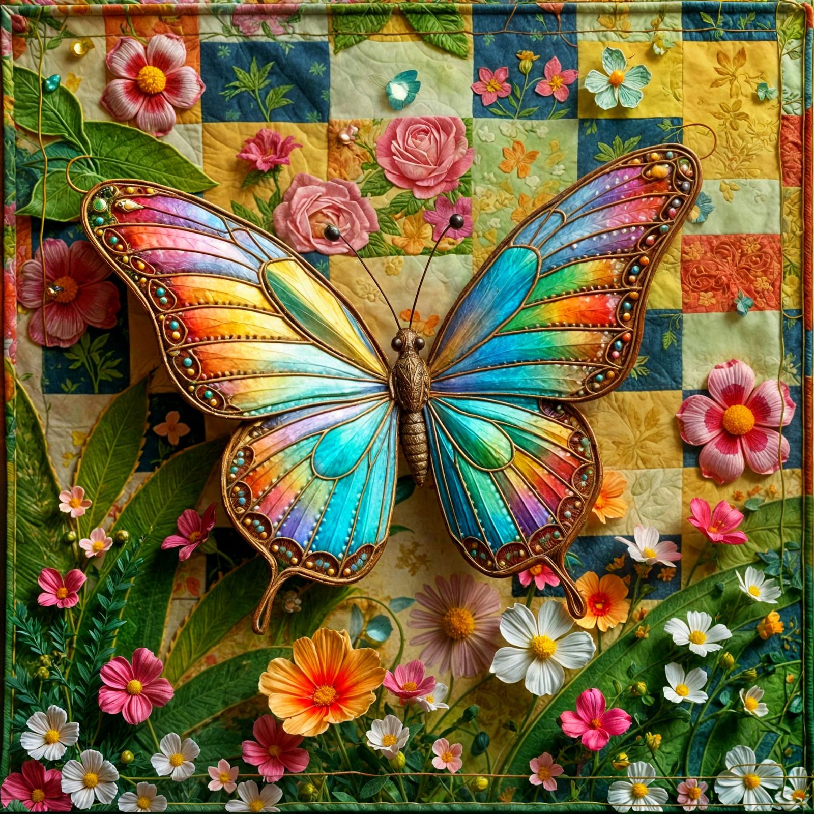 Fantastical Quilted Butterfly Amidst a Vibrant Garden