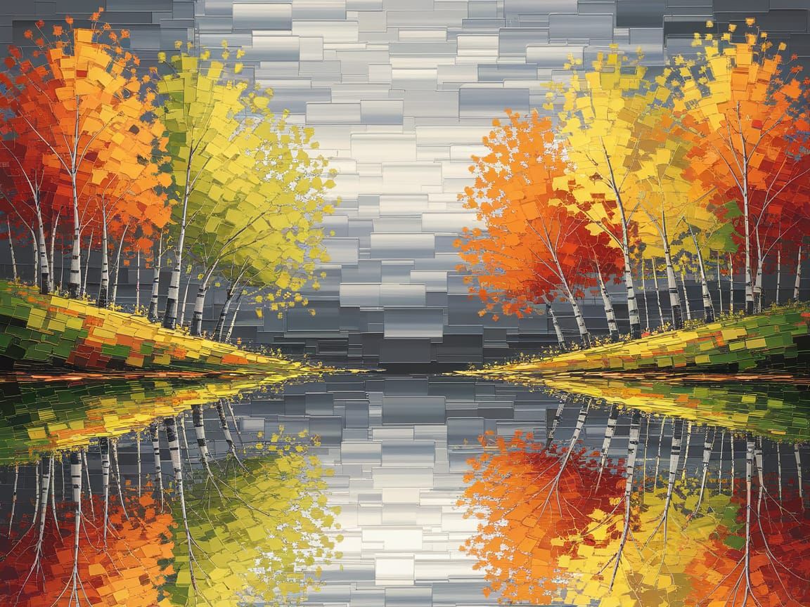Impressionist Autumn Scene with Vibrant Trees and Lake