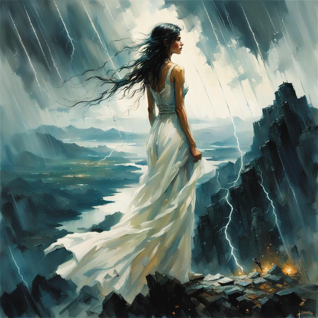 Woman in White Dress on Stormy Mountain