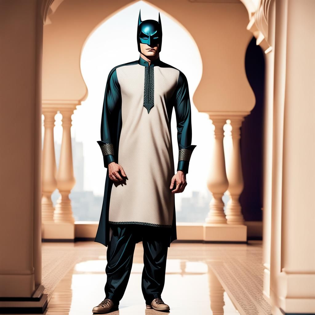 Batman popart Standing full body shot of Batman in shalwar Kameez Arab clothes , two tone wedding shalwar Kurta batman s...