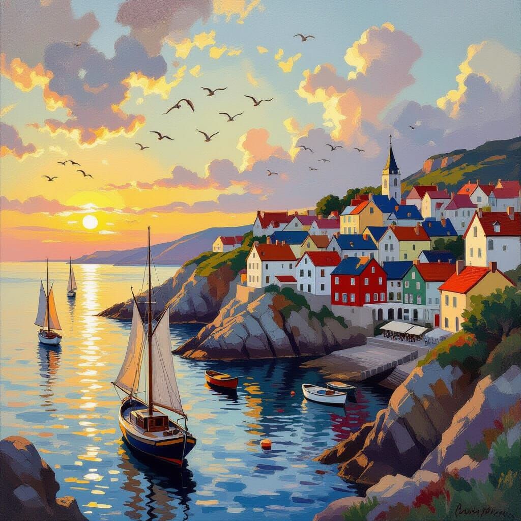 Picturesque Seaside Village in Impressionist Style