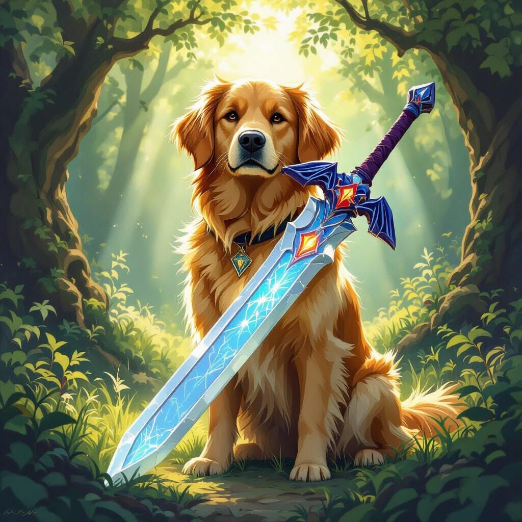 Golden Retriever Holds Glowing Master Sword in Fantasy Fores...